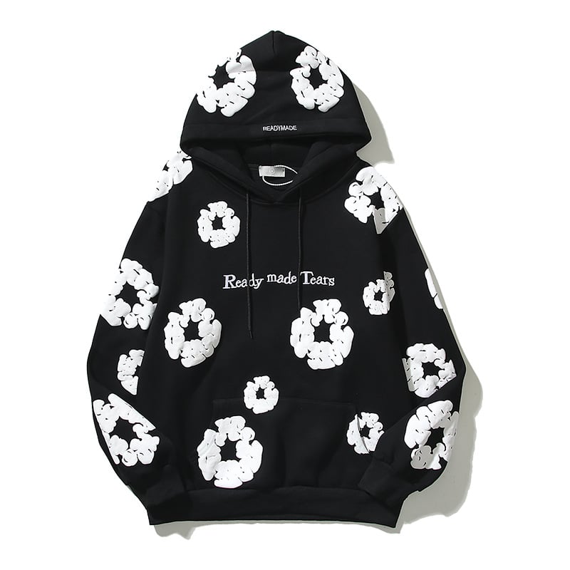 All fited printed cotton hoodie with unique three-dimensional foam kapok print in a black and white design.