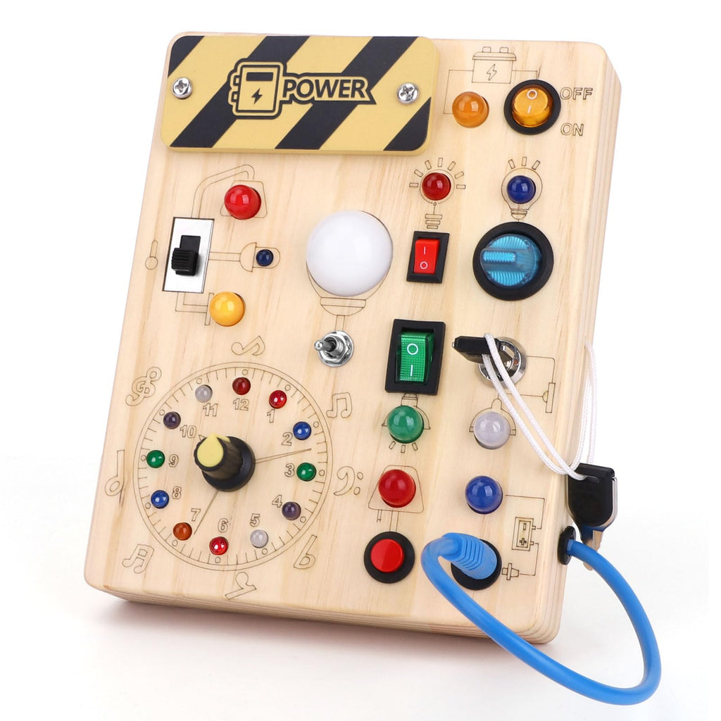 Montessori Toys Clock Wooden Busy Board with 11 LED Light switches Tooddler Toys Sensory Toys Travel Toys for 1+ Year Old Baby and Toddler