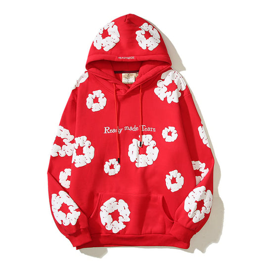 All fited printed cotton hoodie in red with white foam kapok print design and front pocket.