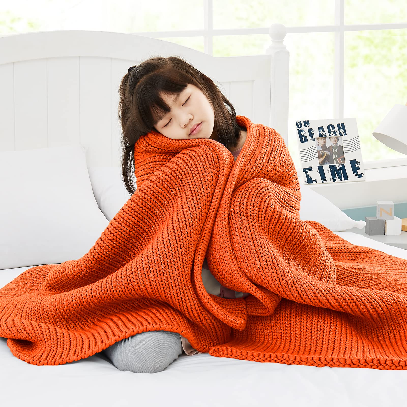 Knitted Weighted Blanket(Orange 50"x60" 7lbs)Home Décor Cooling Throw Blanket for Hot SleepersHand Made Chunky Knit Heavy Blanket Use on Twin Size Bed