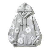 printed cotton hoodie in gray with white foam kapok print and text design, perfect for casual style.